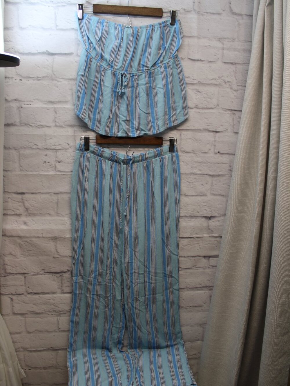 No Boundaries Medium Blue Striped Strapless Tube Top Wide Leg Pants Set
